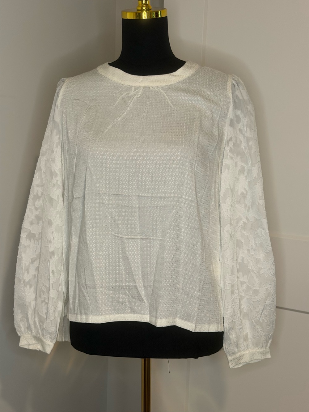 NWT (S) Hem & Thread White Sheer Lace Sleeve Women's Top
